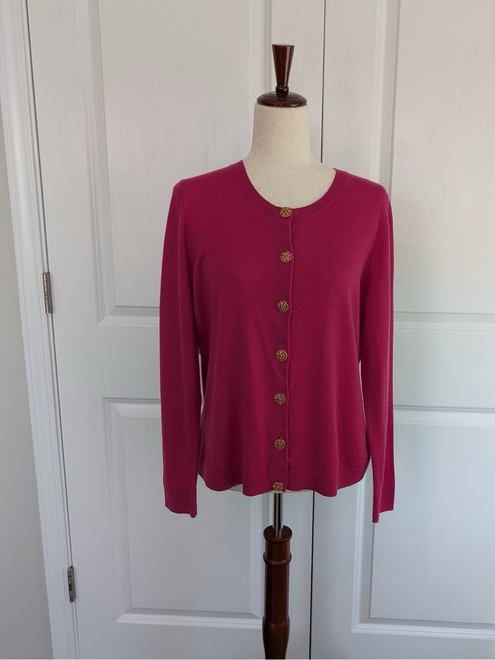 Talbots Petites Merino Wool Cardigan Magenta Pink Jeweled Gold Buttons Size XLP